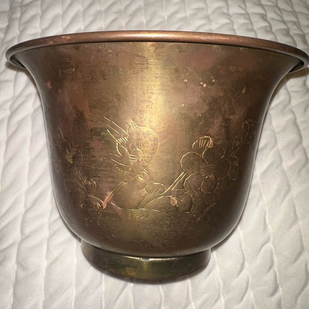 Vintage Floral Bird Etched Brass Flower Pot Planter